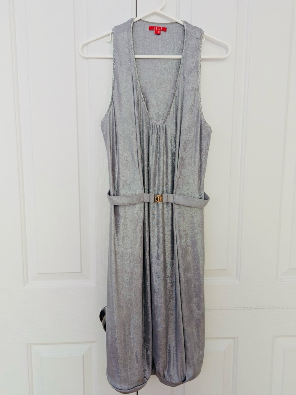 Elle Shimmery Silver V-Neck Belted Midi Dress
